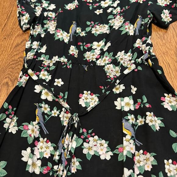 Louche black floral bird v neck short sleeve midi dress size 10 unlined - Picture 7 of 10